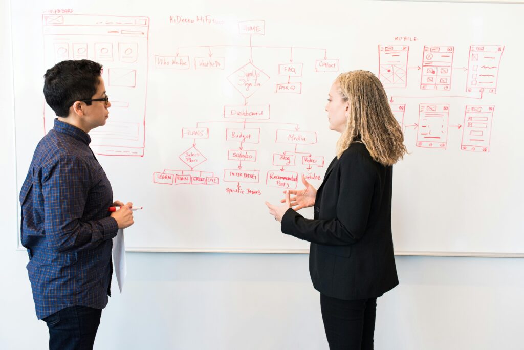 Two professionals brainstorming digital marketing ideas on a whiteboard.