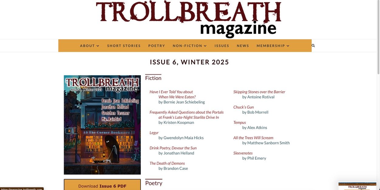 Trollbreath Magazine — speculative fiction, poetry, non-fiction