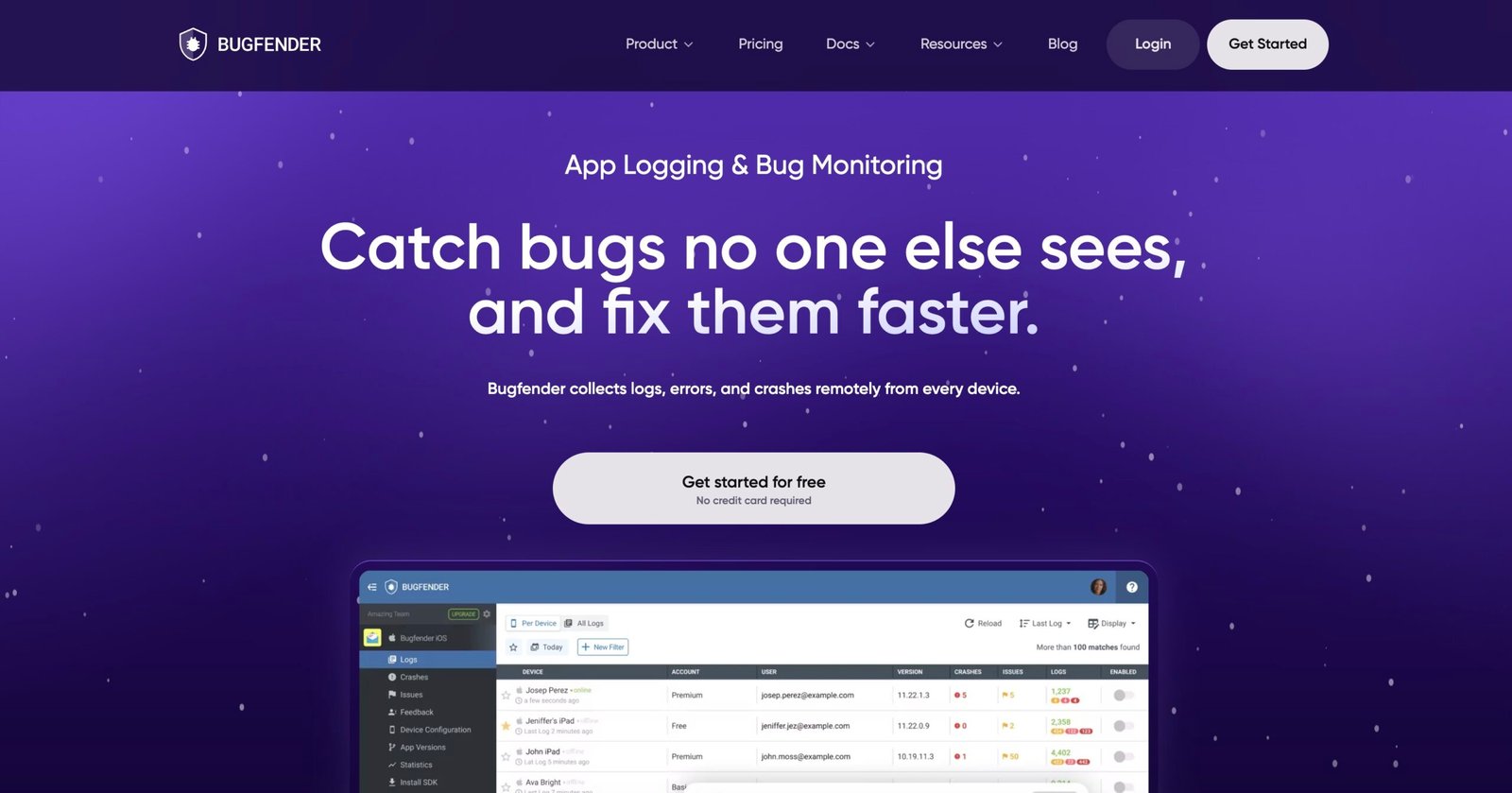 Bugfender dashboard screenshot
